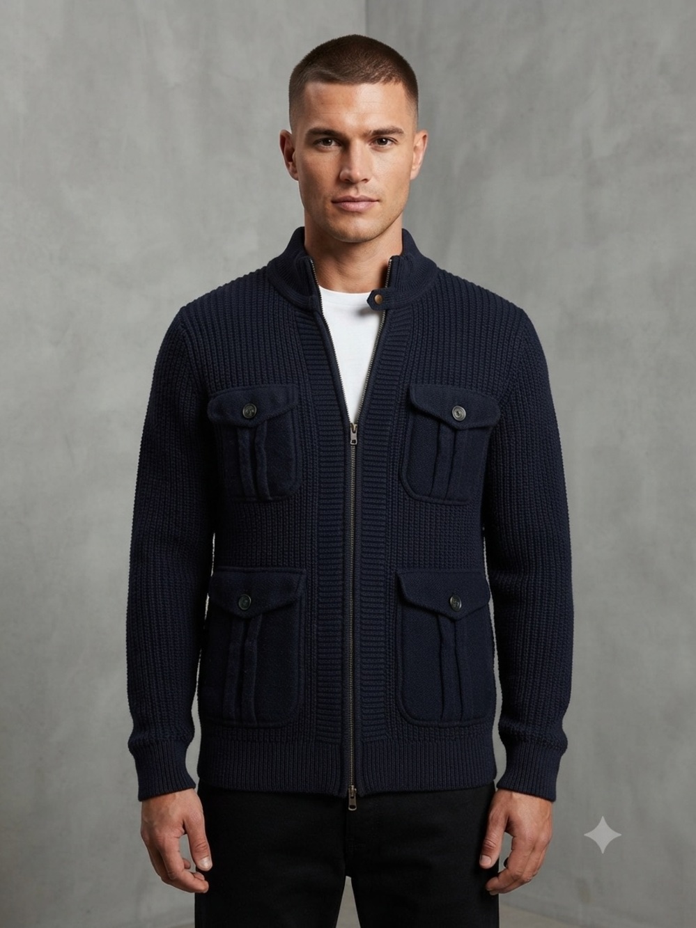 Roots Canada Navy Blue Ribbed Full-Zip Sweater with Pockets with Flaw